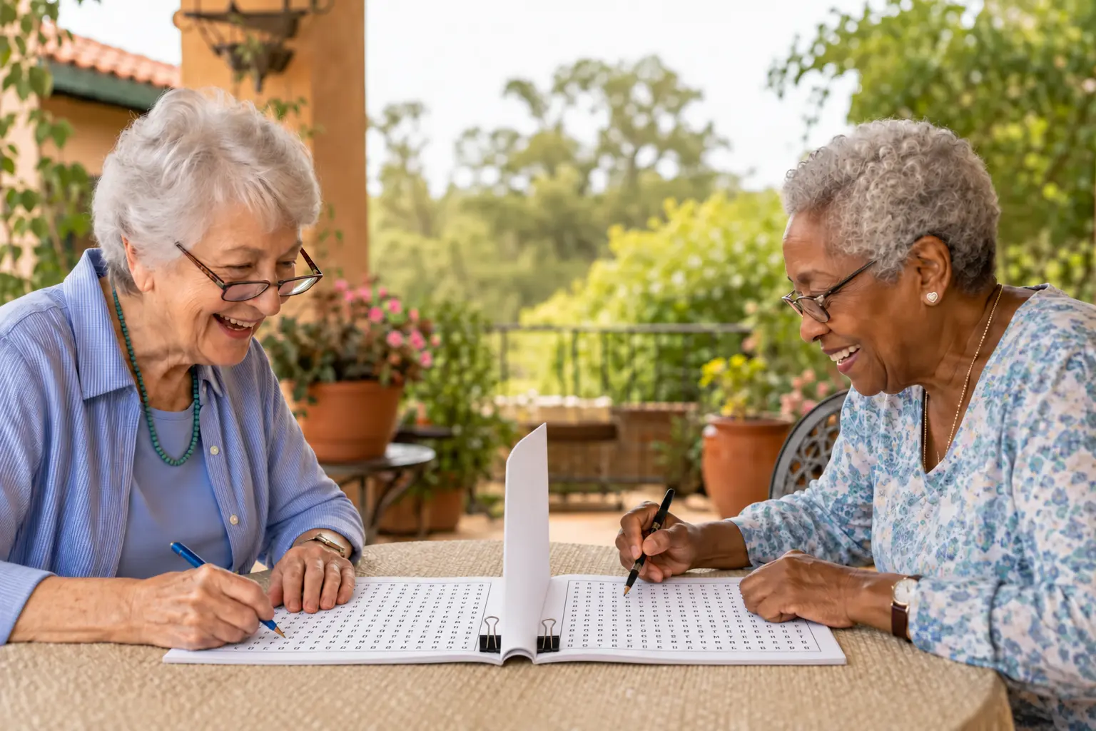 Dos amigas mayores jugando al aire libre