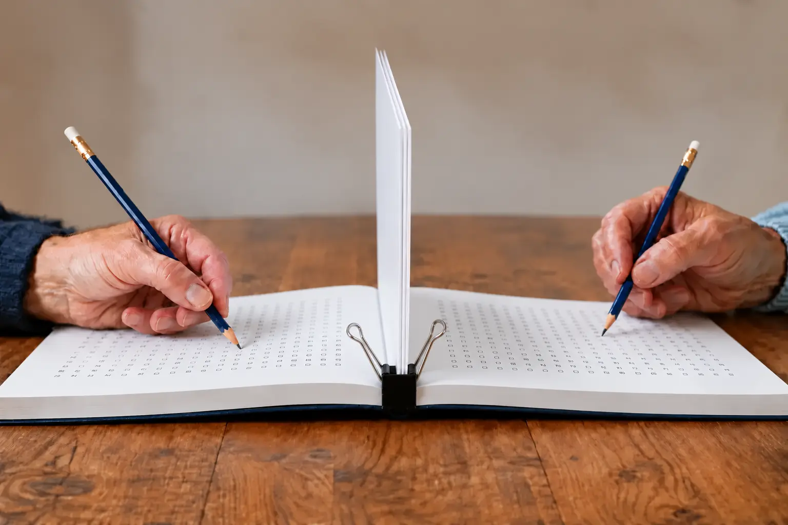 Primer plano del libro abierto con dos sopas de letras enfrentadas y la barrera central levantada