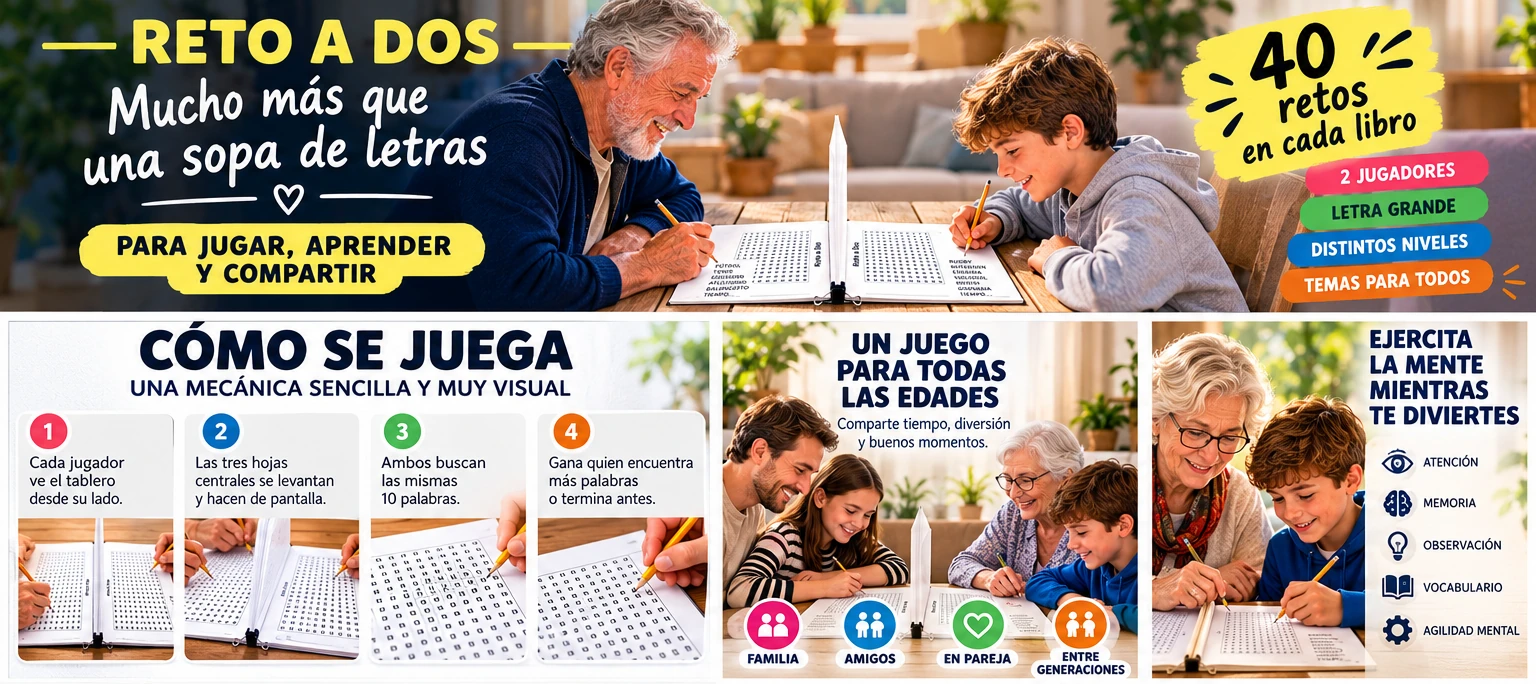 Guía visual de Reto a Dos con la mecánica de juego en cuatro pasos y ejemplos de partidas entre distintas generaciones