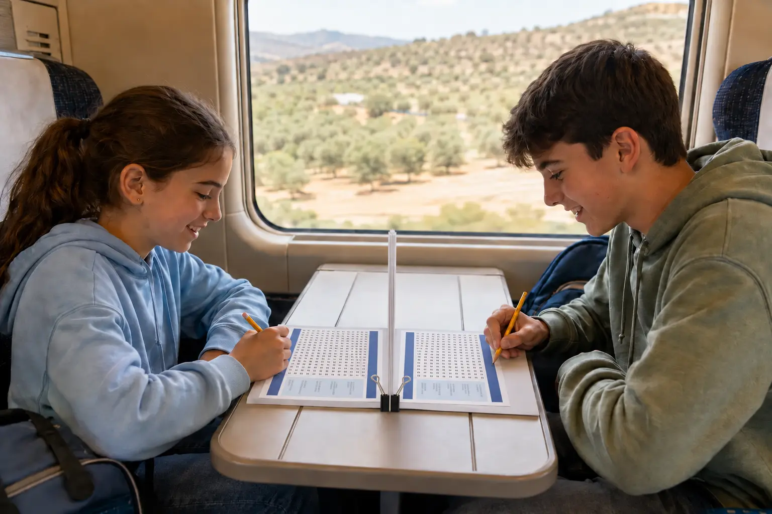 Dos hermanos jugando durante un viaje en tren