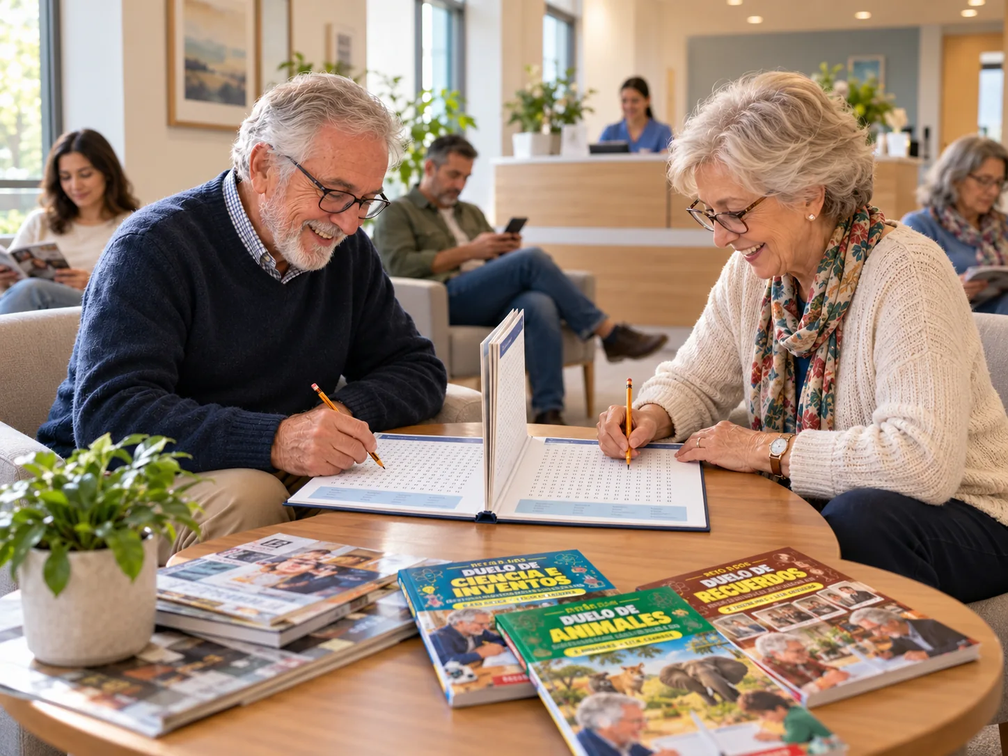 Dos personas mayores jugando a Reto a Dos en la sala de espera de una clínica, con otros libros de la colección junto a las revistas