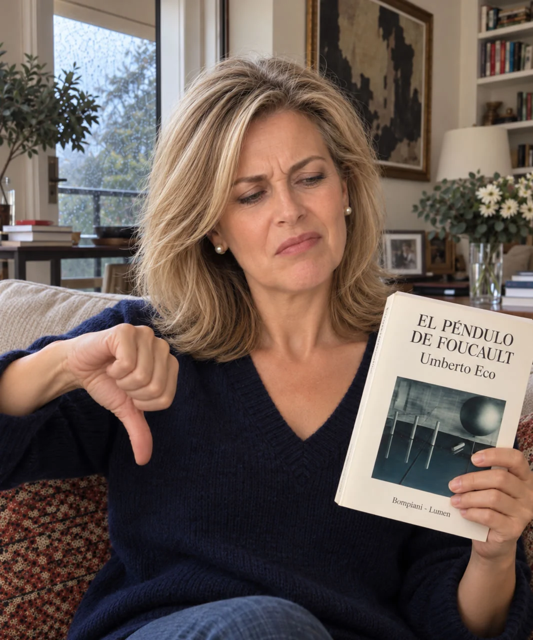 Nora Montalba con el libro El péndulo de Foucault